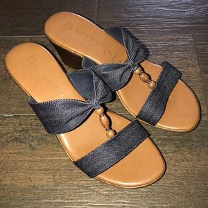 Denim and bead wedge sandals